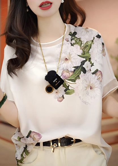 White O-neck Print Chiffon Blouses Summer