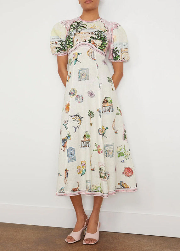 White O-neck Puff Sleeve Print Maxi Dresses