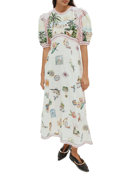 White O-neck Puff Sleeve Print Maxi Dresses