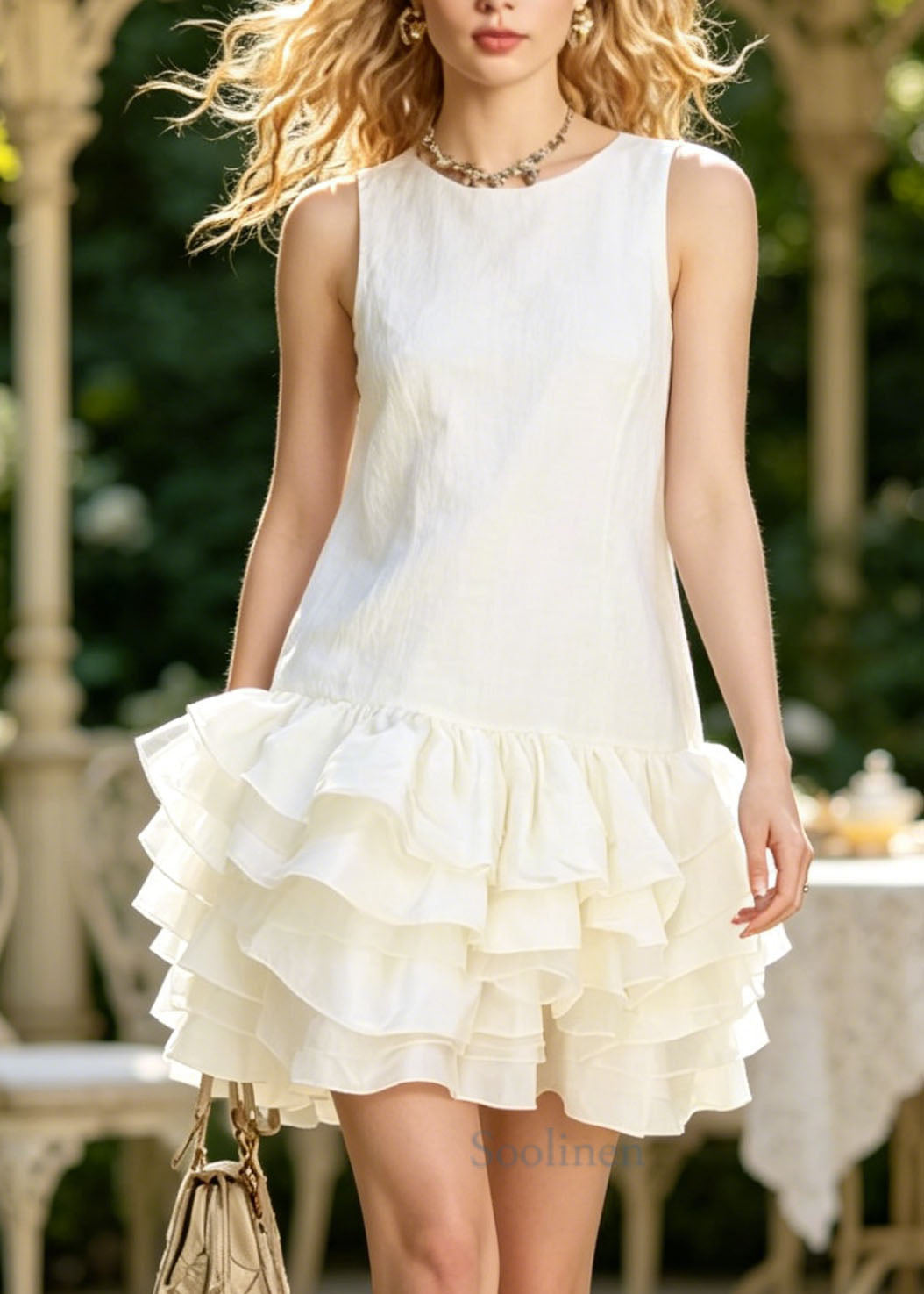 White O Neck Ruffled Patchwork Cotton Dress Sleeveless