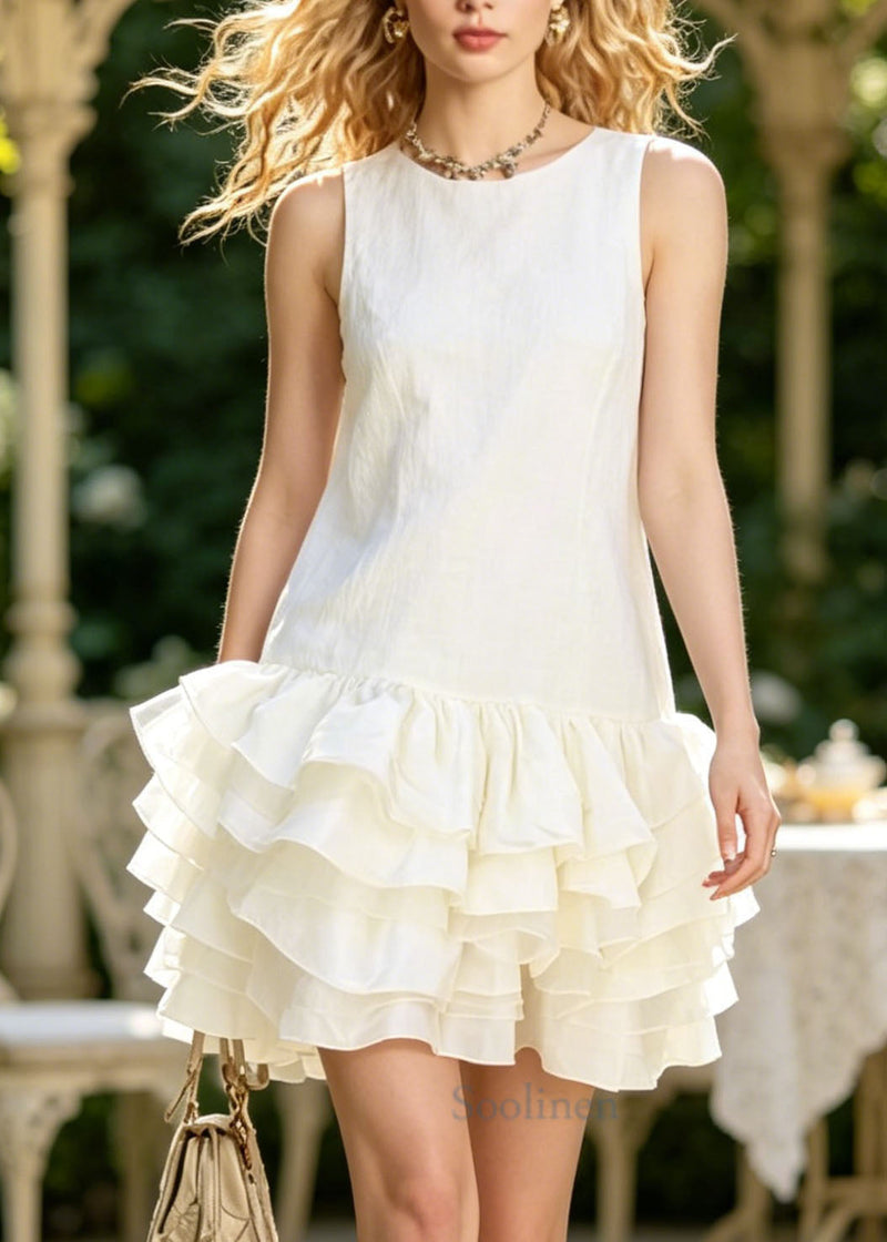 White O Neck Ruffled Patchwork Cotton Dress Sleeveless
