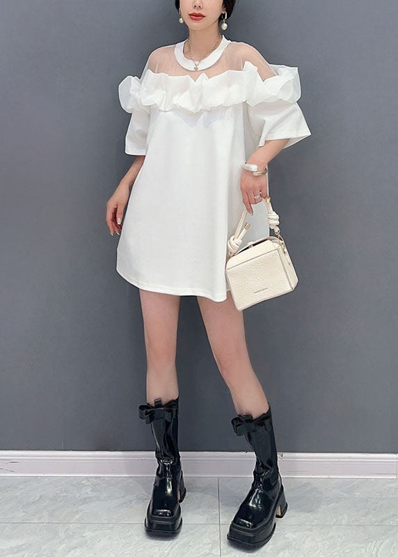 White O Neck Ruffled Tulle Patchwork Cotton Mid Dress Summer