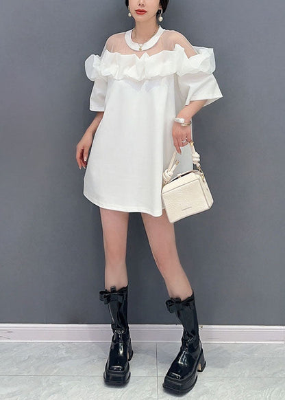 White O Neck Ruffled Tulle Patchwork Cotton Mid Dress Summer