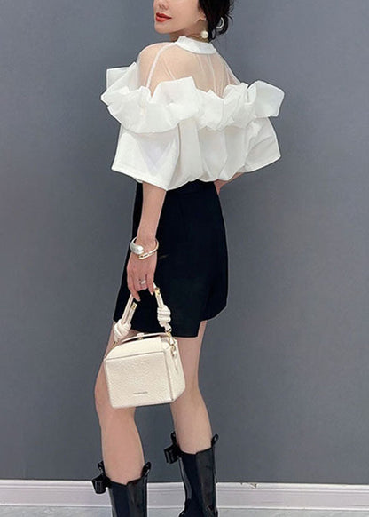 White O Neck Ruffled Tulle Patchwork Cotton Mid Dress Summer