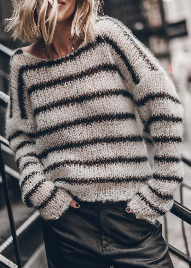 White O Neck Striped Hollow Out Knit Top Spring