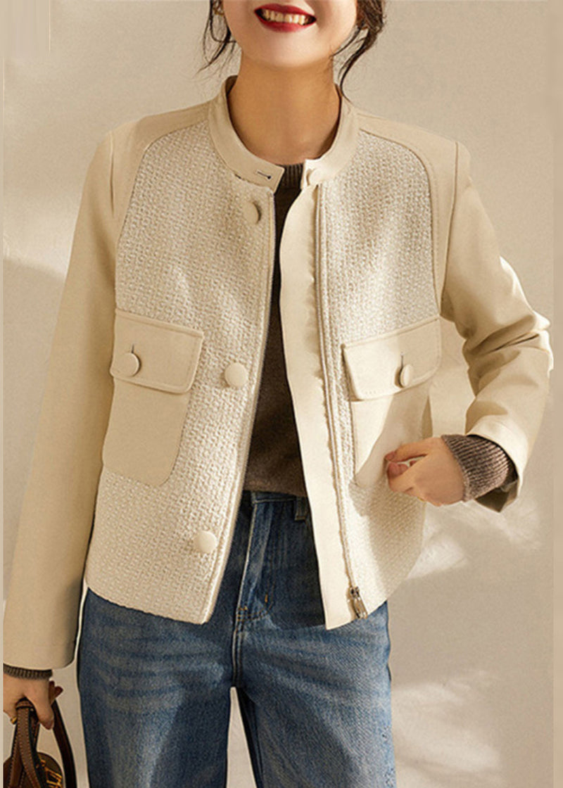 White O-neck Woolen Patchwork Pockets Sheepskin Coats Long Sleeve