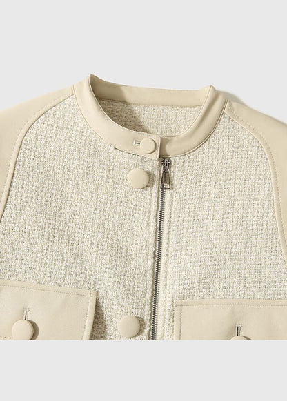 White O-neck Woolen Patchwork Pockets Sheepskin Coats Long Sleeve
