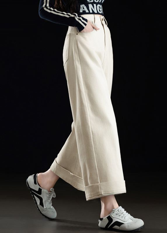 White Oversized Denim Straight Crop Pants Spring