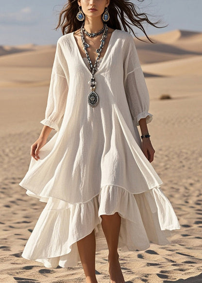 White Oversized Patchwork Cotton Maxi Dresses Bracelet Sleeve
