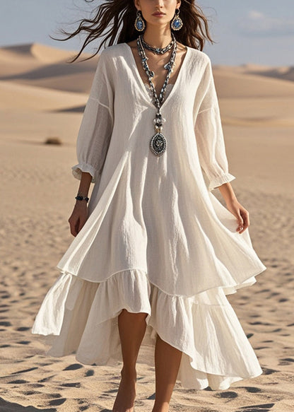 White Oversized Patchwork Cotton Maxi Dresses Bracelet Sleeve