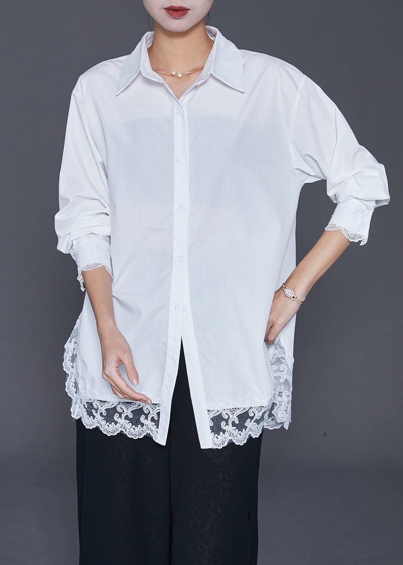 White Oversized Patchwork Lace Cotton Shirt Fall