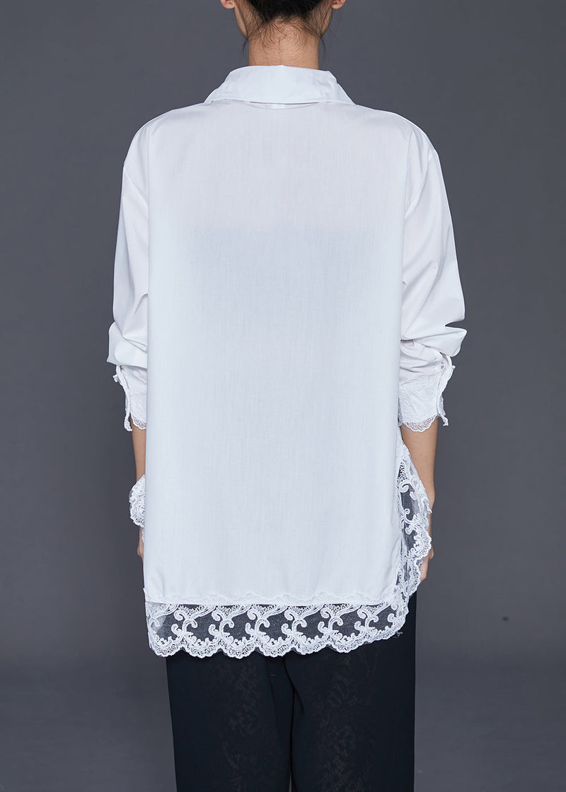 White Oversized Patchwork Lace Cotton Shirt Fall