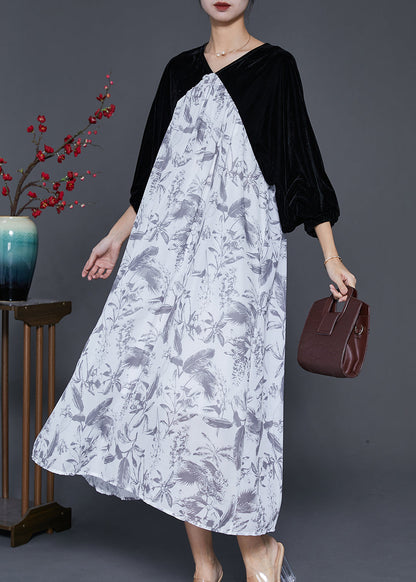 White Oversized Patchwork Silk Velour Chiffon Dress Spring