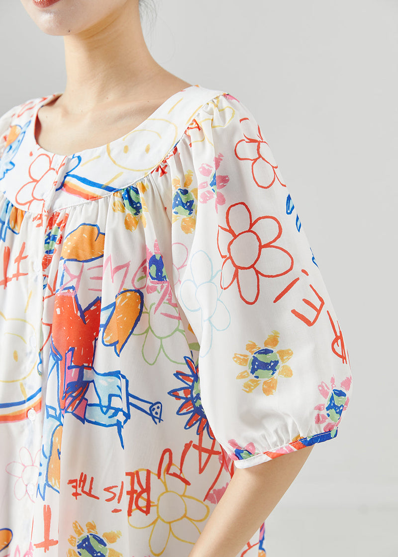 White Oversized Print Cotton Holiday Dress Summer