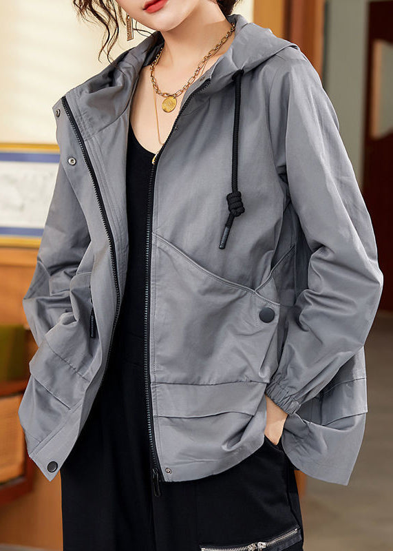 Gray Patchwork Zippered Button Pockets Cotton Hooded Coats Long Sleeve