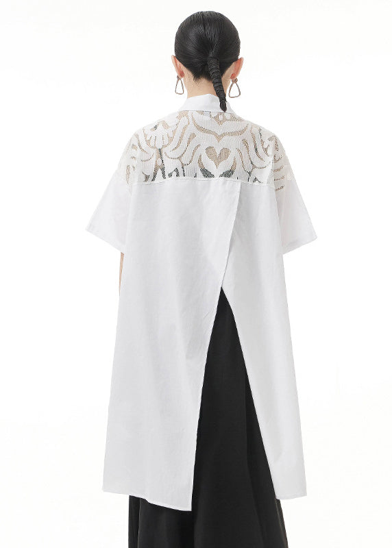White Peter Pan Collar Lace Patchwork Shirt Tops Short Sleeve