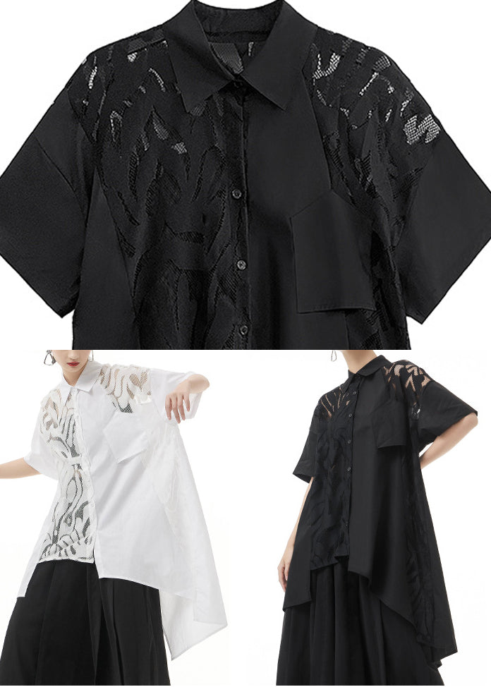 White Peter Pan Collar Lace Patchwork Shirt Tops Short Sleeve