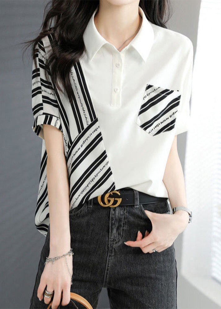 White Peter Pan Collar Striped Patchwork Top Short Sleeve