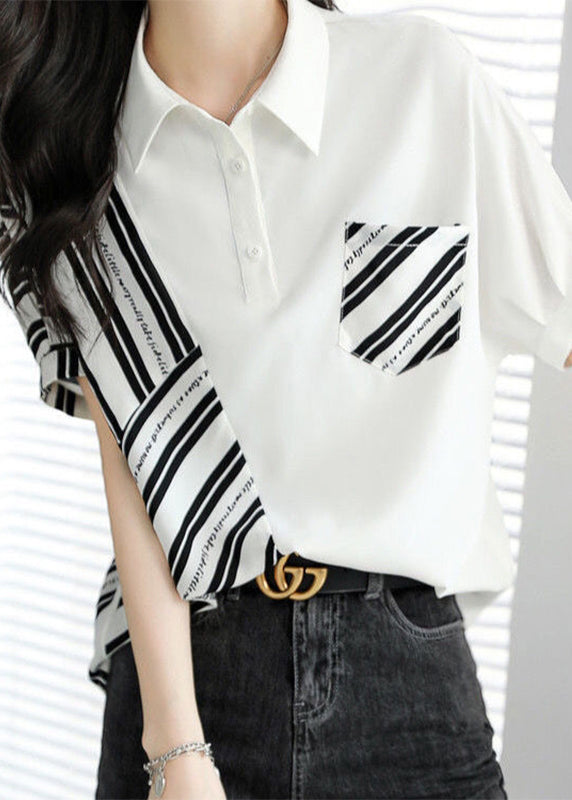White Peter Pan Collar Striped Patchwork Top Short Sleeve