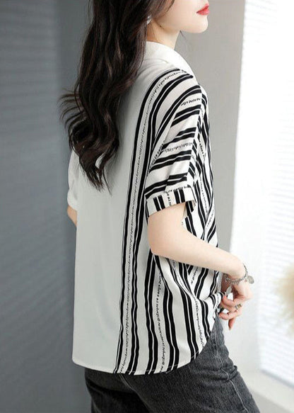 White Peter Pan Collar Striped Patchwork Top Short Sleeve