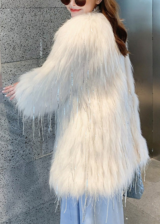 White Faux Fur Collar Tassel Leather and Fur Long Coats Winter