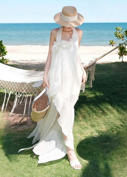 White Ruffled Asymmetrical Patchwork Cotton Dresses Sleeveless