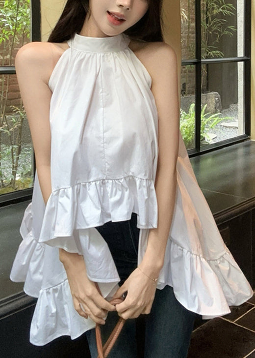 White Ruffled Exra Large Hem Cotton Shirt Sleeveless