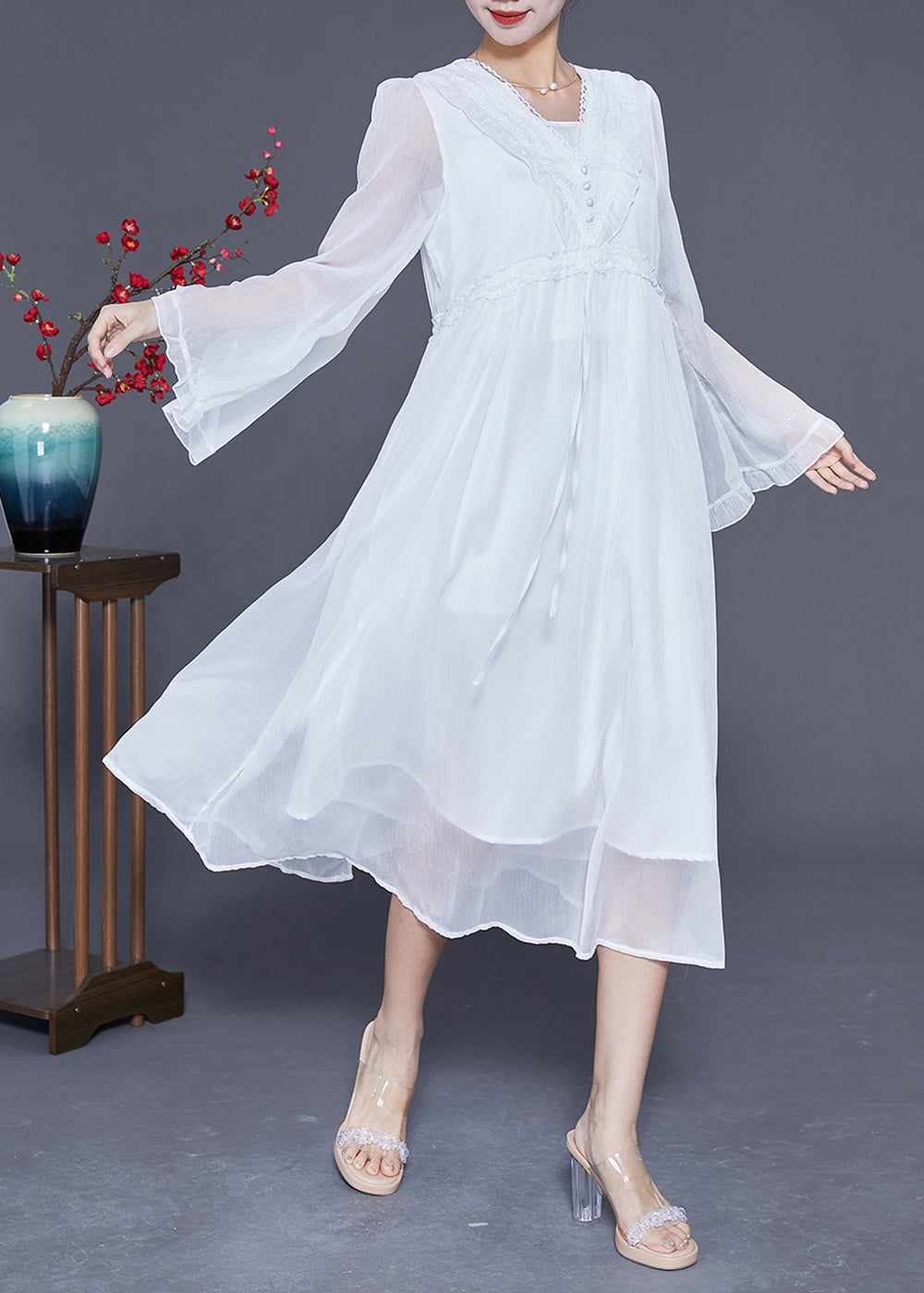 White Ruffled Patchwork Chiffon Holiday Dress Flare Sleeve