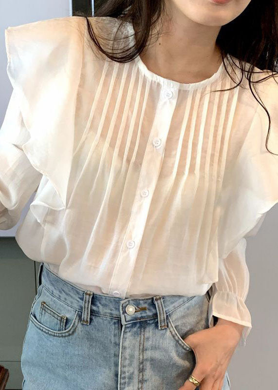 White Ruffled Patchwork Cotton Tops Long Sleeve