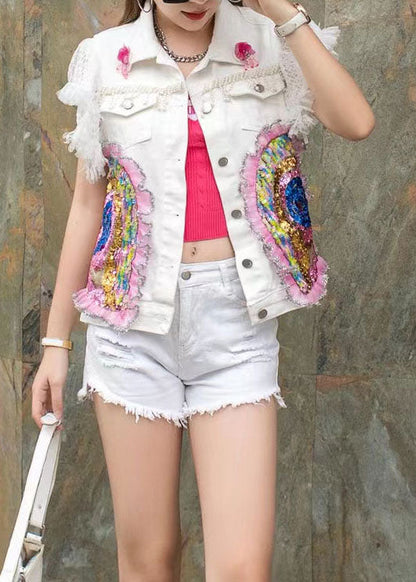 White Ruffled Sequins Nail Bead Patchwork Denim Vest Sleeveless