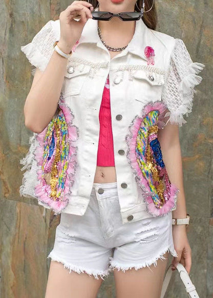 White Ruffled Sequins Nail Bead Patchwork Denim Vest Sleeveless