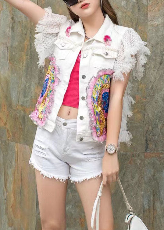 White Ruffled Sequins Nail Bead Patchwork Denim Vest Sleeveless