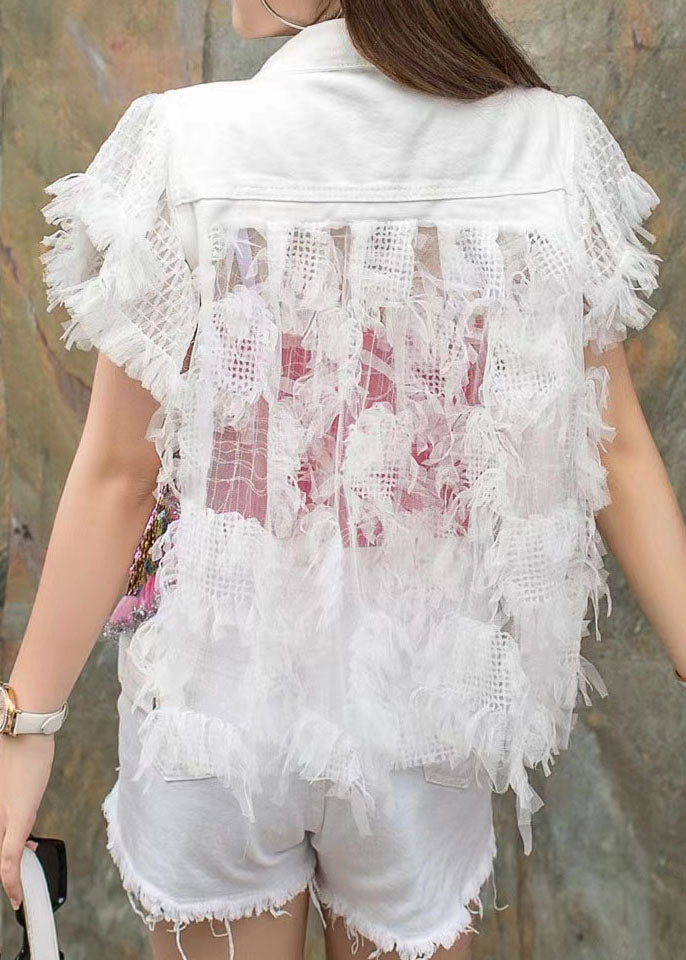 White Ruffled Sequins Nail Bead Patchwork Denim Vest Sleeveless