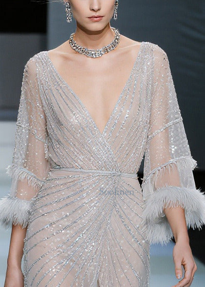 White Sequins Patchwork Faux Fur Tulle Dresses Summer