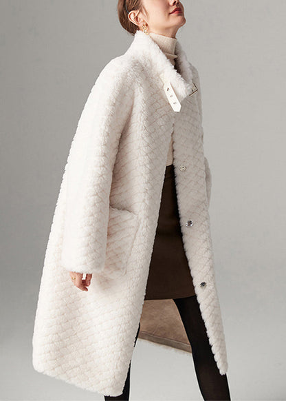 White Stand Collar Pockets Faux Fur Maxi Coats Winter