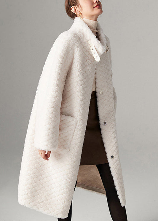 White Stand Collar Pockets Faux Fur Maxi Coats Winter