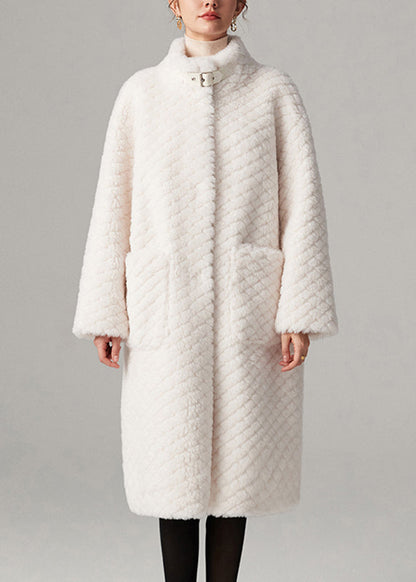 White Stand Collar Pockets Faux Fur Maxi Coats Winter