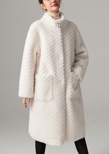 White Stand Collar Pockets Faux Fur Maxi Coats Winter