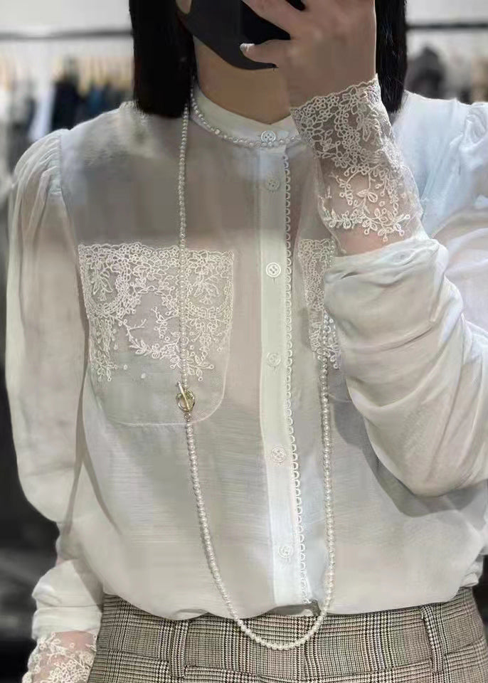 White Stand Collar Button Lace Patchwork Silk Blouses Long Sleeve