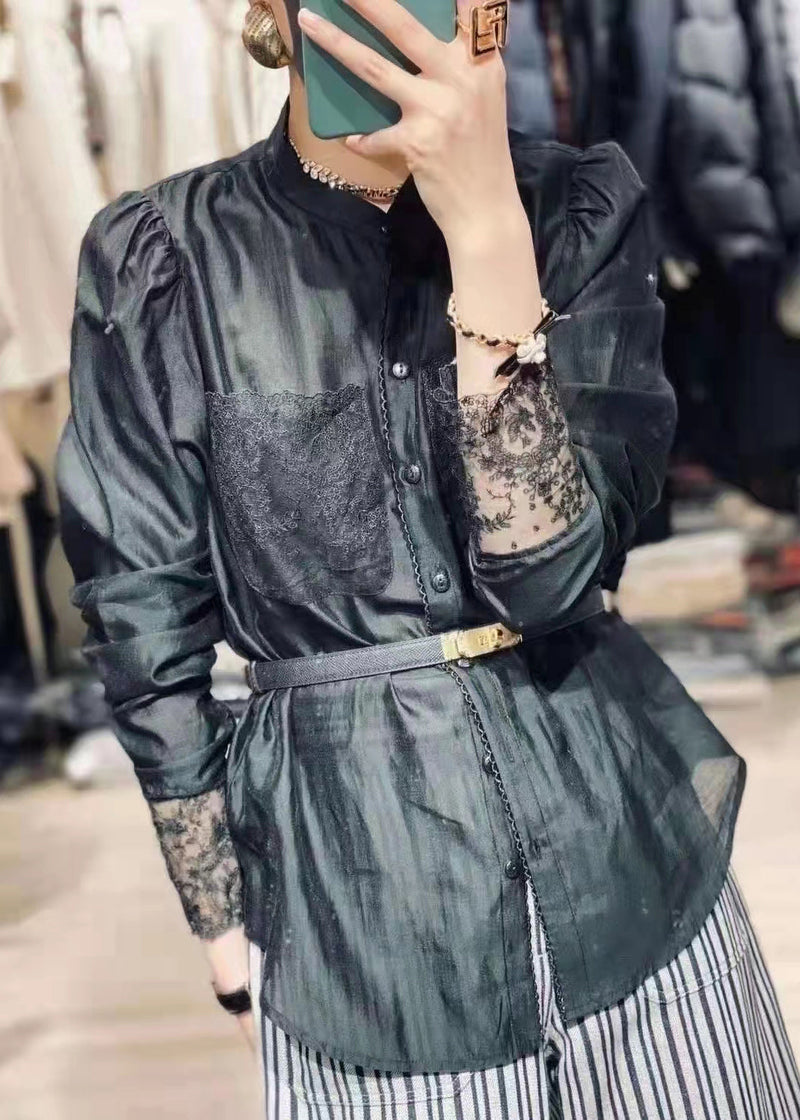 White Stand Collar Button Lace Patchwork Silk Blouses Long Sleeve