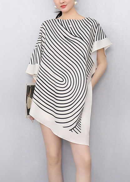 White Striped Asymmetrical T Shirts Summer