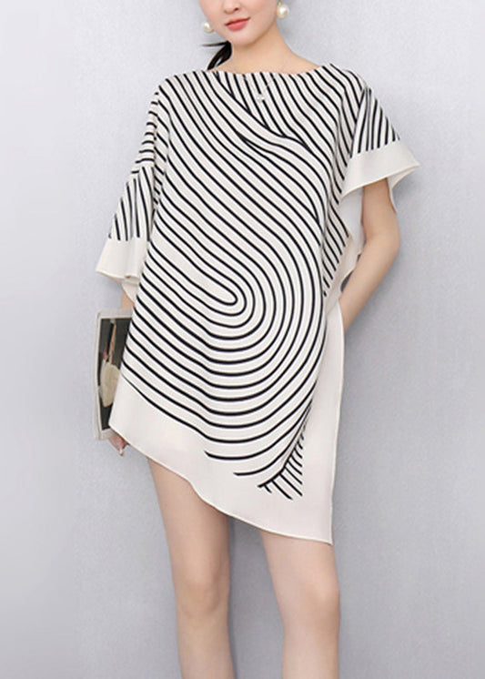 White Striped Asymmetrical T Shirts Summer