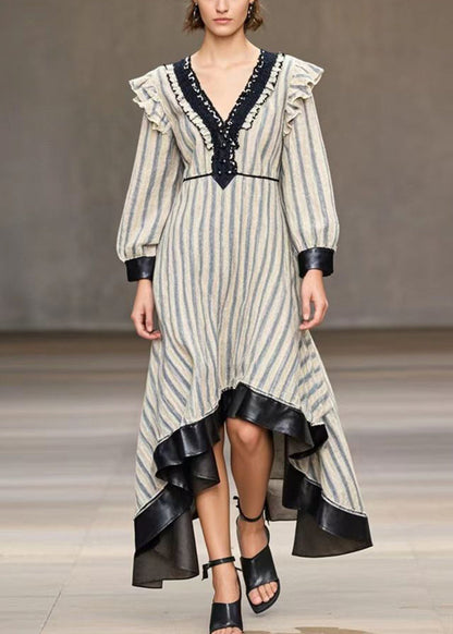 White Striped Patchwork Exra Large Hem Silk Velvet Dresses Spring