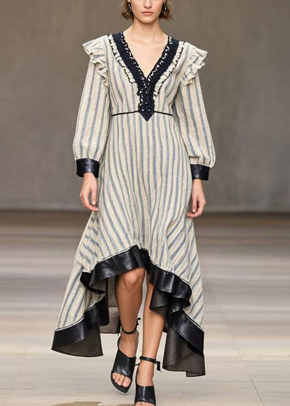 White Striped Patchwork Exra Large Hem Silk Velvet Dresses Spring