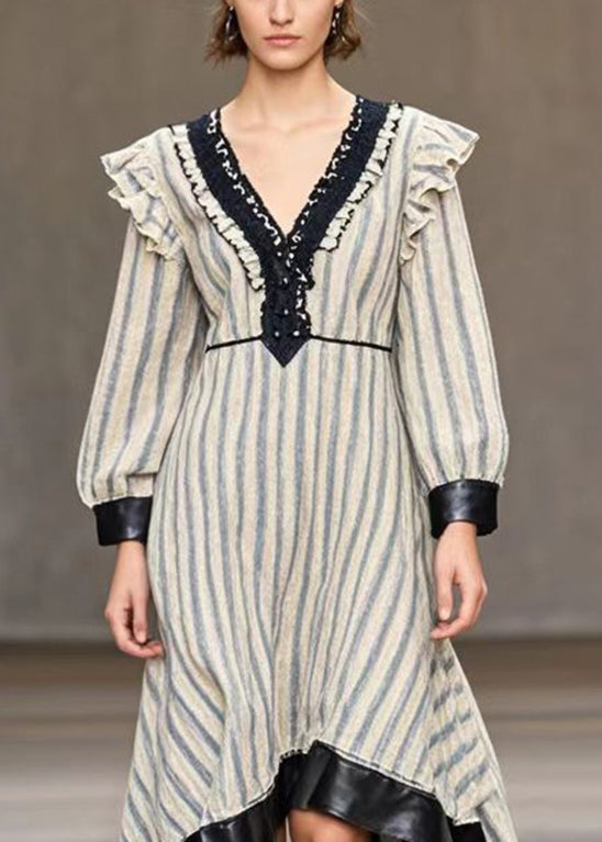 White Striped Patchwork Exra Large Hem Silk Velvet Dresses Spring