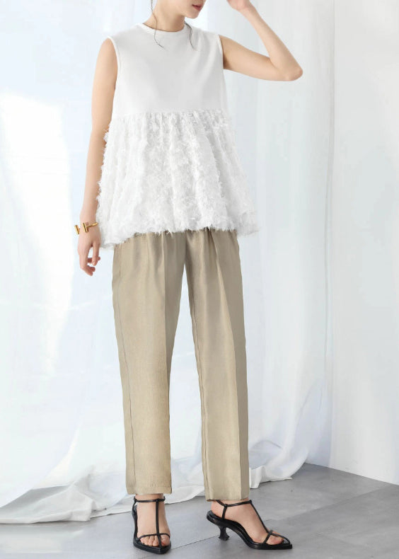 White Tasseled Patchwork Cotton Tops Sleeveless