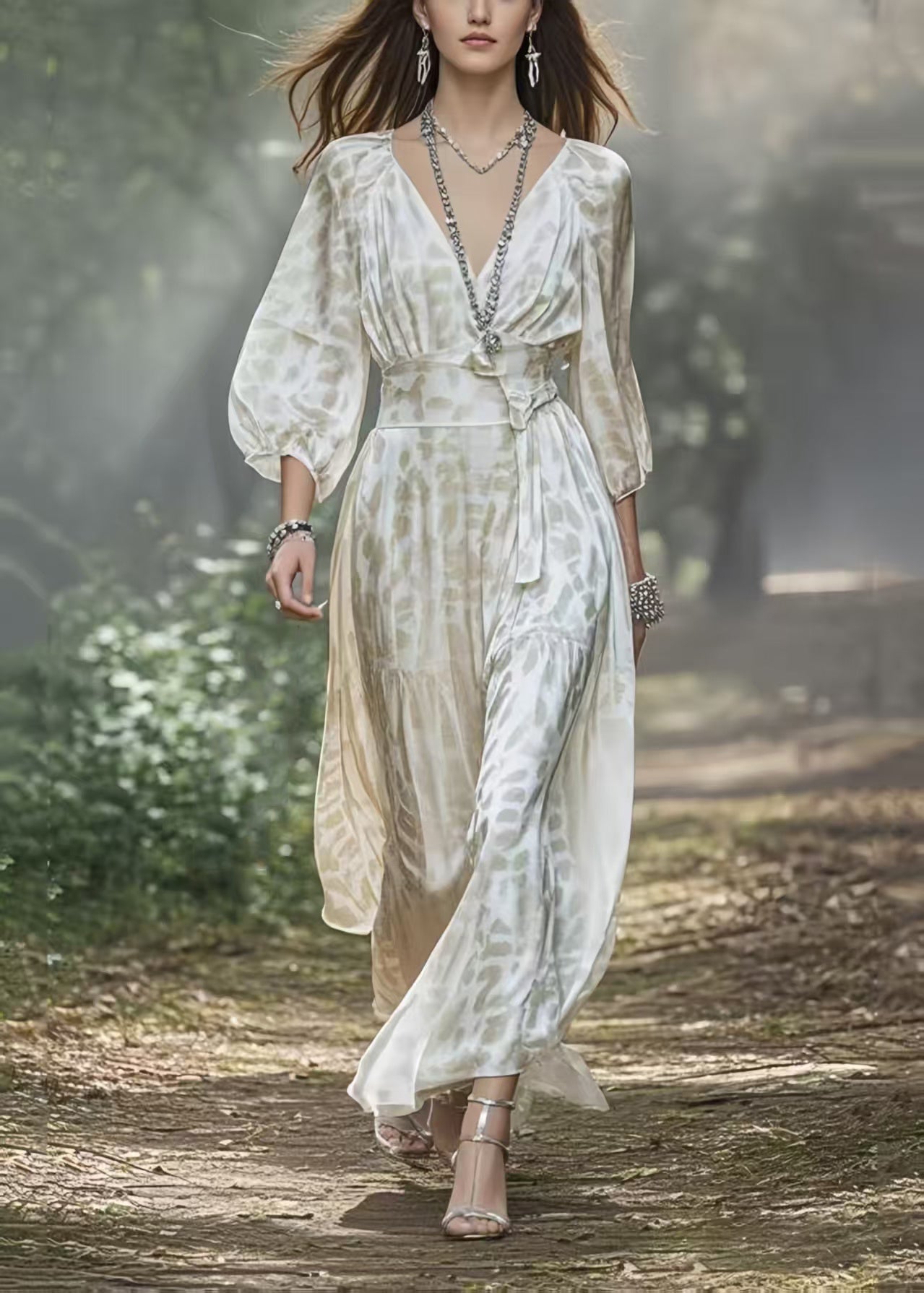 White V Neck Draping Silk Holiday Dress Lantern Sleeve