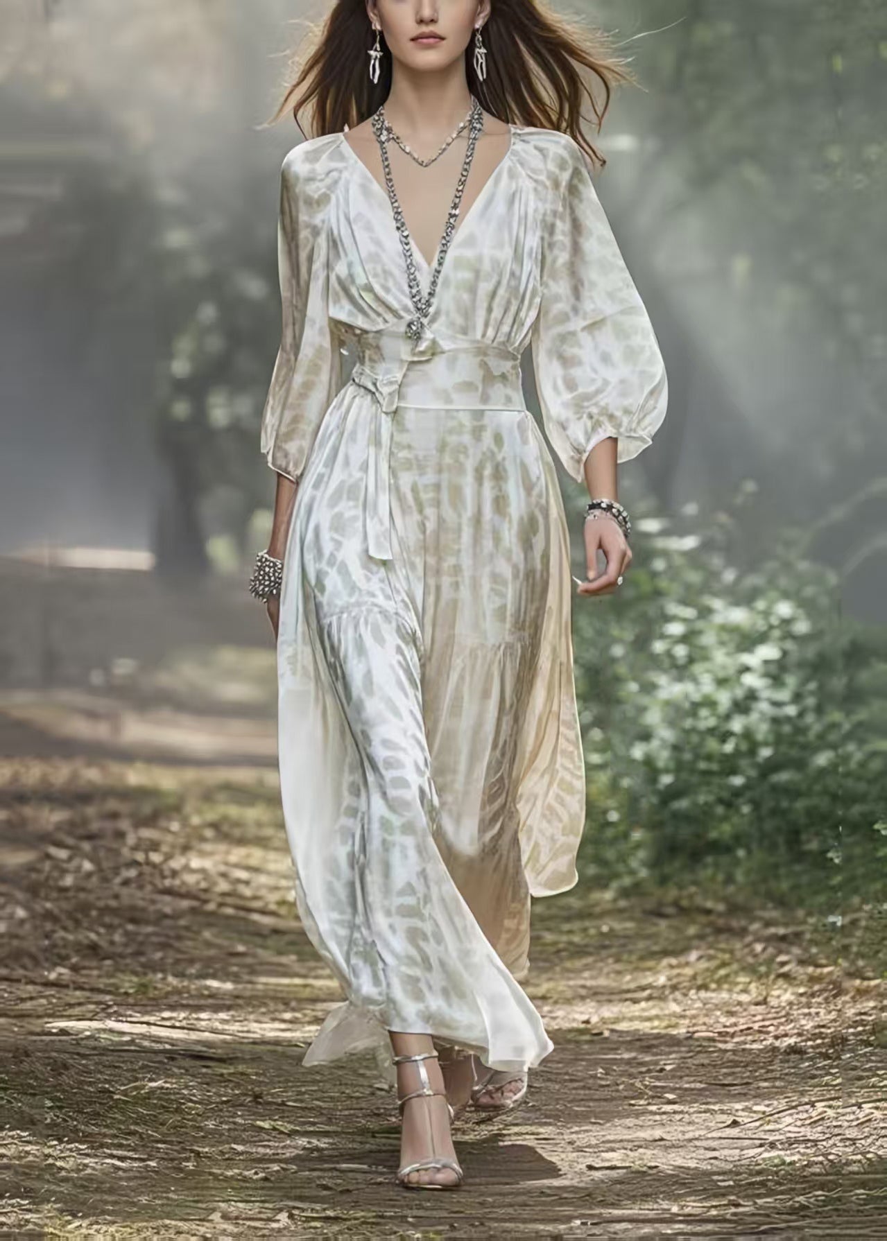 White V Neck Draping Silk Holiday Dress Lantern Sleeve