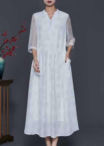 White V Neck Draping Silk Long Dresses Half Sleeve