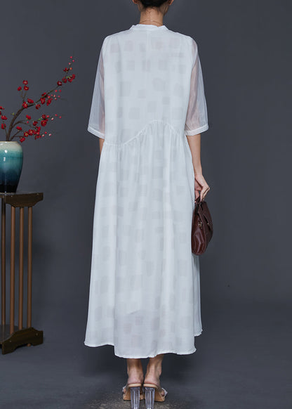 White V Neck Draping Silk Long Dresses Half Sleeve